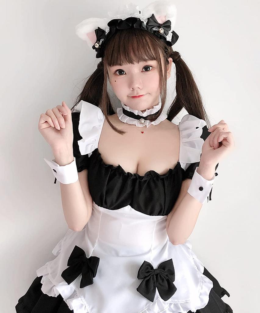 Maid Costume Cosplay Puff Mini Light Black and White Black and White [Milky Time] Dress, Sleeves, Length, Blue, (Includes Ribbon)