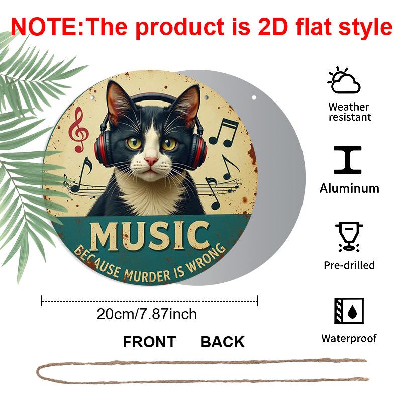 2D Flat 1pc, 8x8 in, Metal Wall Art - Round Humorous Music & Cat Decor Sign with "Music Because Murder Is Wrong" Quote, DurableAluminum Weatherproof