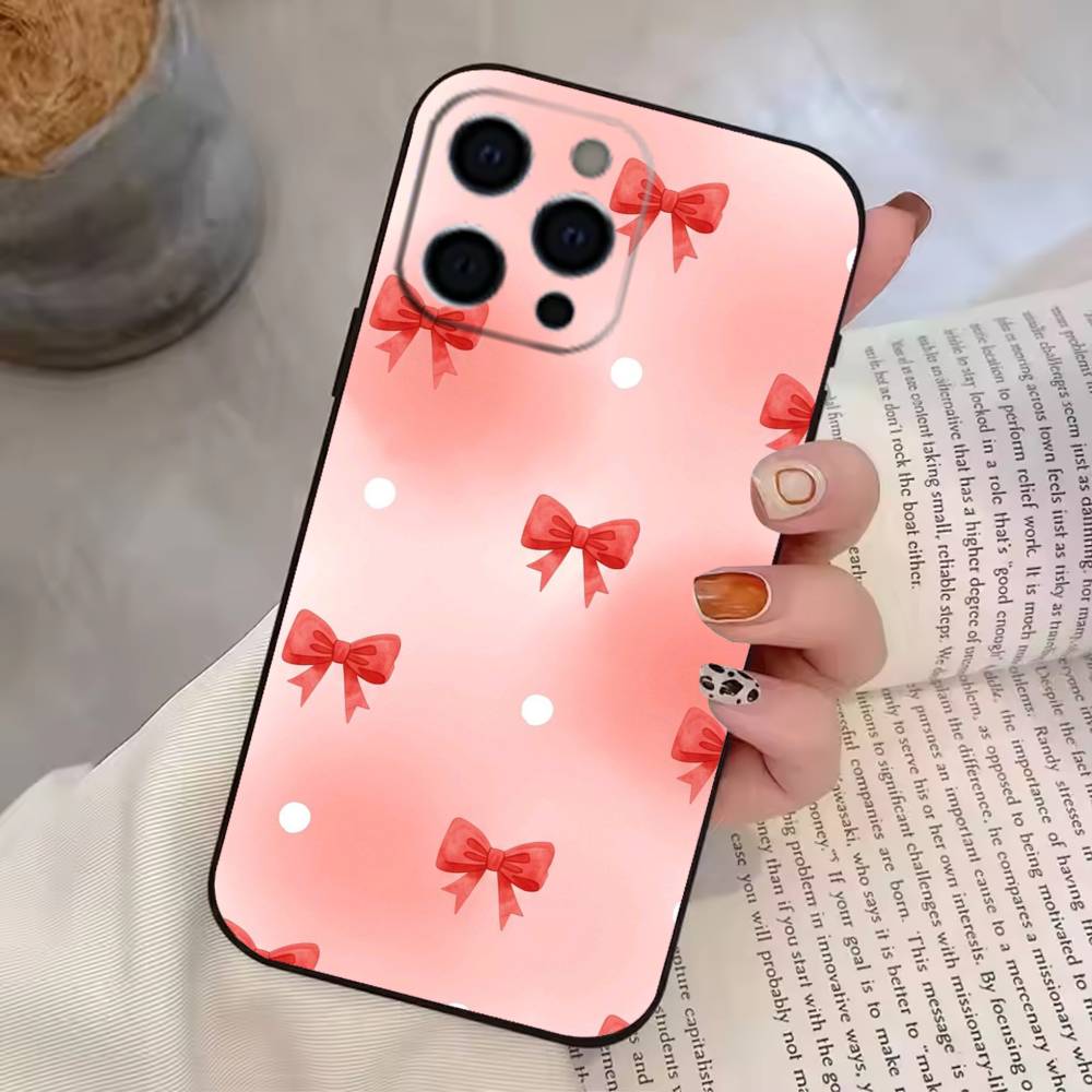 Red Bow Dots F-Folds Texture Phone Case For iPhone 17, 16,15,14,13,12,11 Plus,Pro Max, Others Soft Black Cover