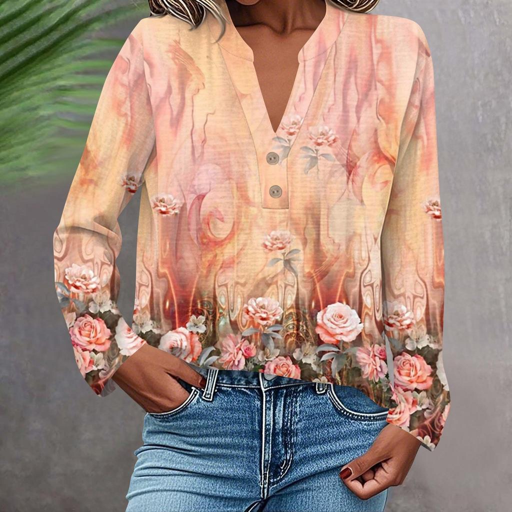 Женская модная и повседневная рубашка с длинным рукавом, V-образным вырезом, на пуговицах, с принтом, блузка, топ