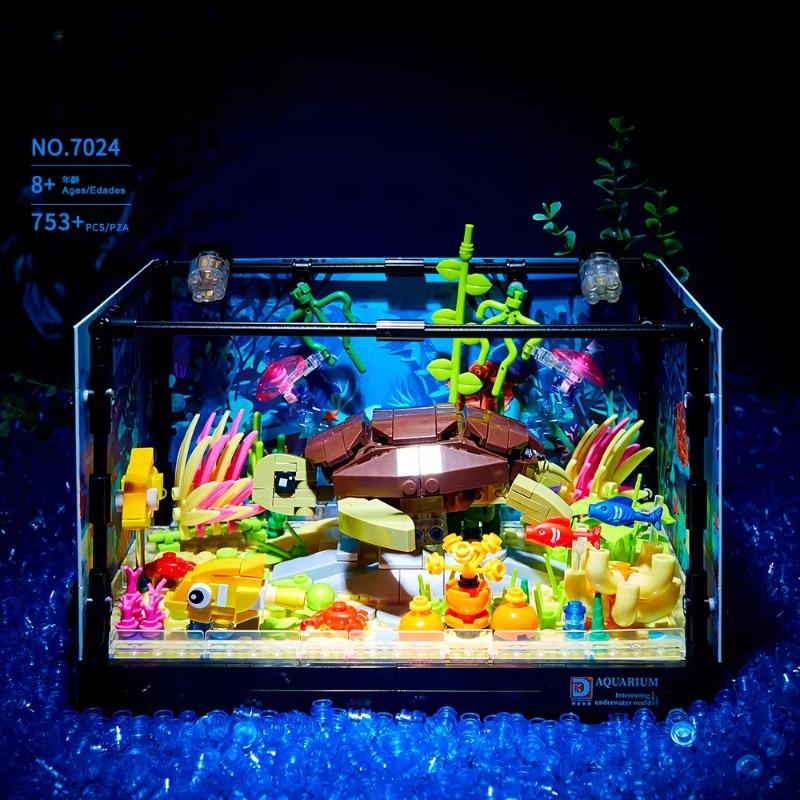Aquatic Animal Fish Tank Marine Organism Tortoise Building Blocks Set 7024 Aquarium Diy Assemble Bricks Toy Kit With Light