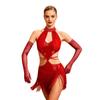 Women Latin Dance Fringed Dress Cutout Sleeveless Strappy Waist Tassel Hem Sequined Dress with Long Gloves