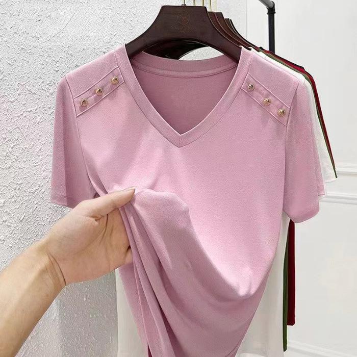Женская футболка свободного кроя белого цвета с V-образным вырезом — корейский стиль, короткие рукава, чистый хлопок, модная и универсальная для лета 2024 года.