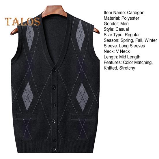 Men Autumn Winter Cardigan Sweater Single-breasted V Neck Sleeveless Buttons Color Matching Stretchy Pockets Knitted Vest Mid-aged Male Top