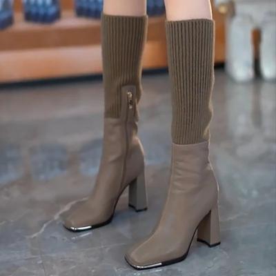 Новые 2024 Осень Зима Вязаные Длинные Сапоги Женские Гольфы Туфли Женские Модные Туфли Без Застежек На Высоком Каблуке Ретро Эластичные Ботинки Mujer