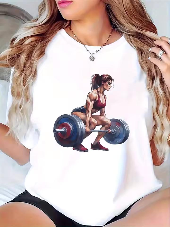 New Women's White Weightlifting Graphic T-Shirt Breathable Stretchy Soft Round Neck Sleeve Tee Harajuku Sleeve Aesthetic Clothes