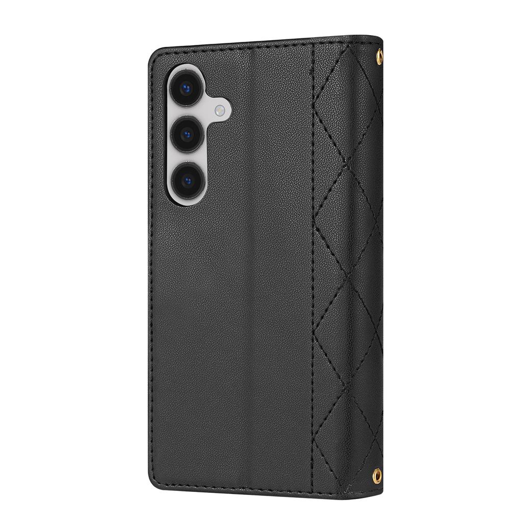 For Samsung Galaxy S26+ Case Rhombus Stitching Leather Wallet Phone Cover with Long  /  Short Strap