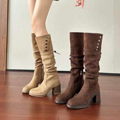 Версия из коровьей кожи, но женские осенние тонкие ретро-вестерн сапоги до колена на толстом каблуке, рыцарские сапоги со средним голенищем, сапоги-чулки