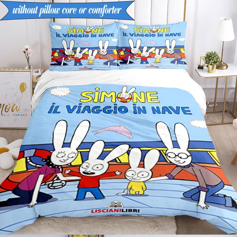 3PCS Simon the Rabbit Adventures Bedding Set 2D Printing (Includes 1 Duvet Cover + 2 Pillowcases Coreless), Bedroom decor,Fan gift