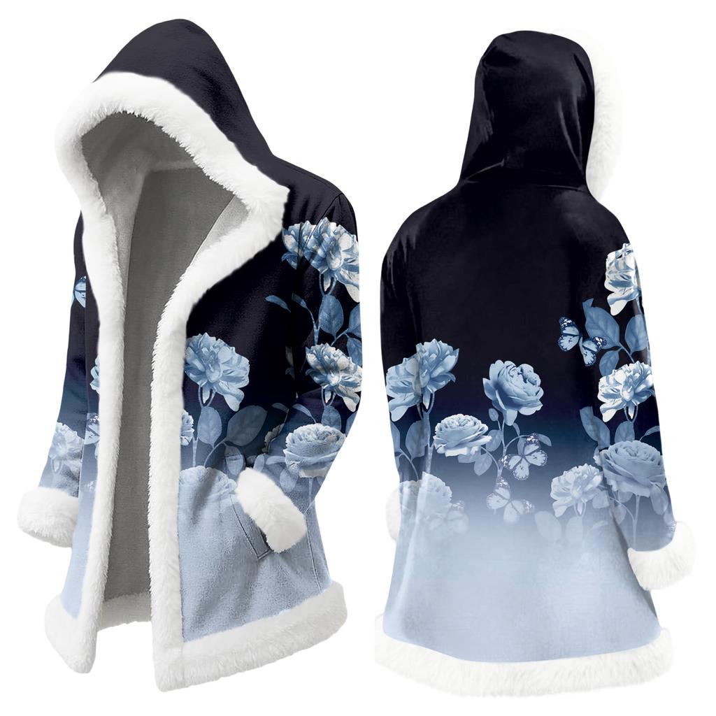 Unisex Casual And Fashionable Plush Collar Hooded Long Sleeved Floral Gradient Printing Jacket