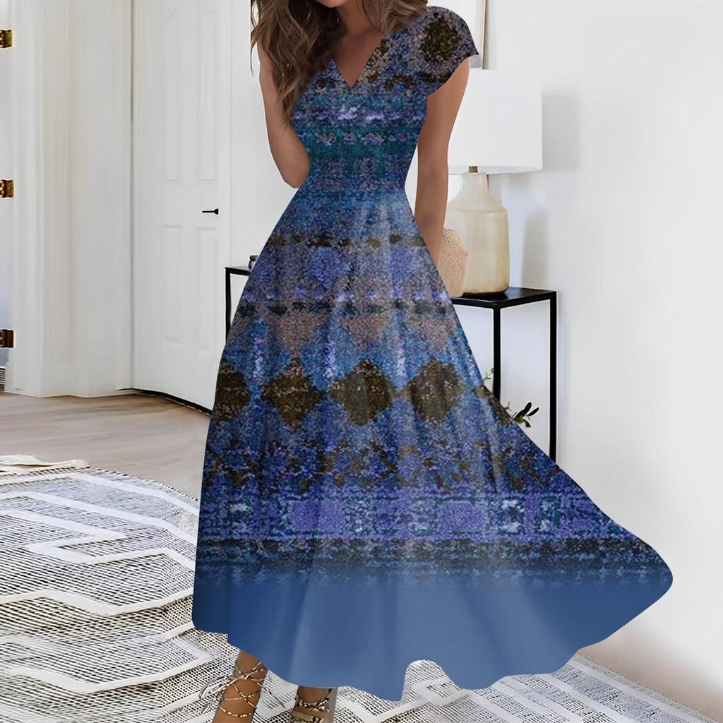 Женское длинное платье Макси-платье Повседневное платье Летнее повседневное платье с короткими рукавами и v-образным вырезом в стиле бохо с талией и принтом