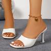 Мода Женская Мода Белые Босоножки на Очень Высоком Каблуке из Искусственной Кожи с Квадратным Носком Вечерние Туфли Летние Большого Размера Шлепанцы на Тонком Каблуке
