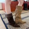 Sheepskin Version~ Niche Pointed Inner Height Increase Western Cowboy Boots Women's Flanged Two Can't Wear Knee Medium and High Knight Boots