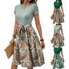 Women's Fashionable Retro Patterned Printing Color Blocked Belt Casual Dress