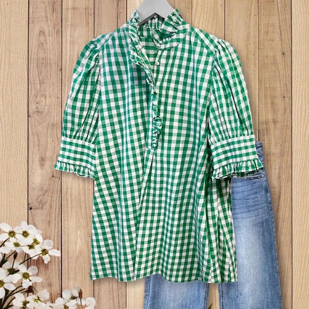 Клетчатый топ с оборками и коротким рукавом - Летний женский модный must-have