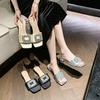 Leisure Women Slippers Casual Square Low Heels Crystal Mules Women Shoes Solid Slip On Leather Bright Diamond Summer Slippers