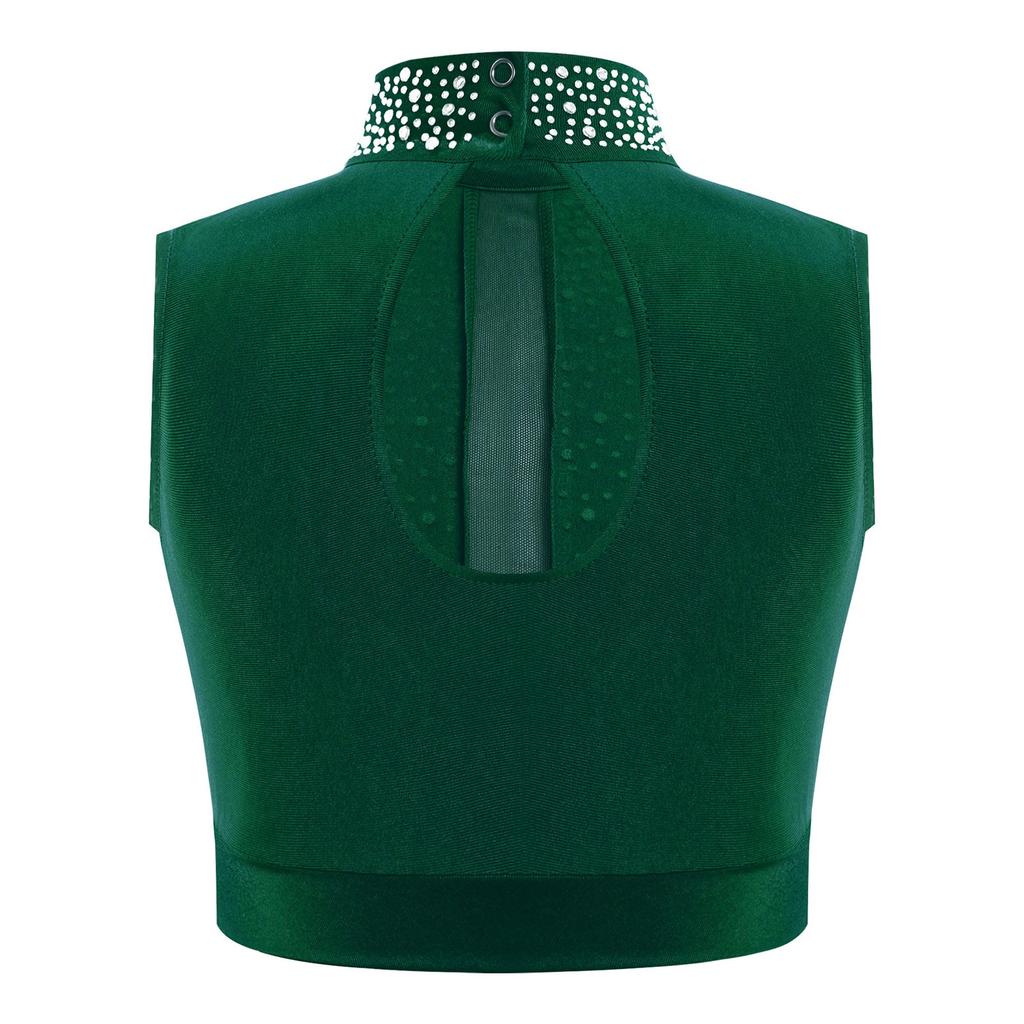 Укороченный топ для девочек Lyrical Dance с воротником-стойкой, без рукавов, вырез-замочная скважина сзади, отделка стразами для современных выступлений
