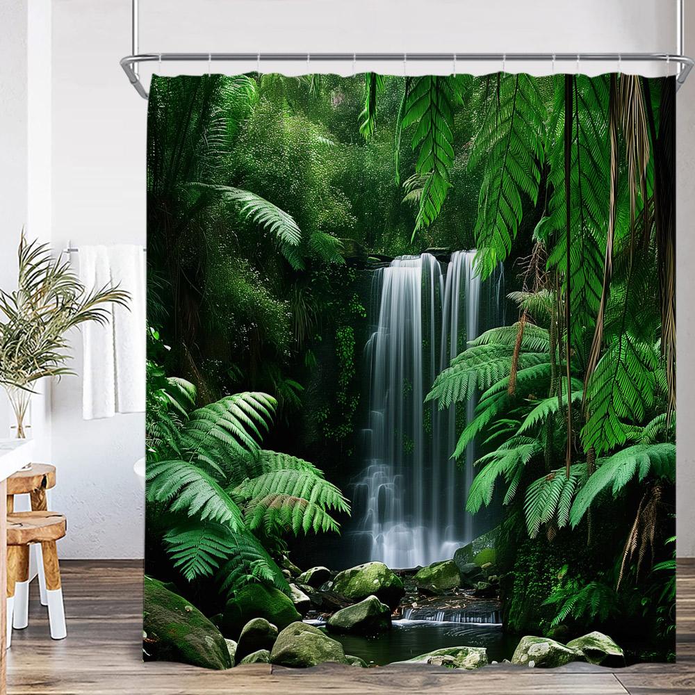 Natural Landscape Waterfall Forest Shower Curtain Scenery Green Leaves Plants Bathroom Decor Polyester Bath Curtain for Home