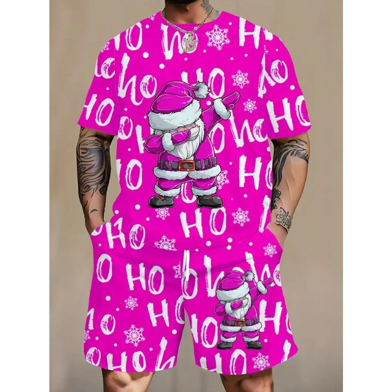 Летняя мода с принтом на тему Санта-Клауса, свободная, удобная мужская спортивная одежда-двойка с короткими рукавами
