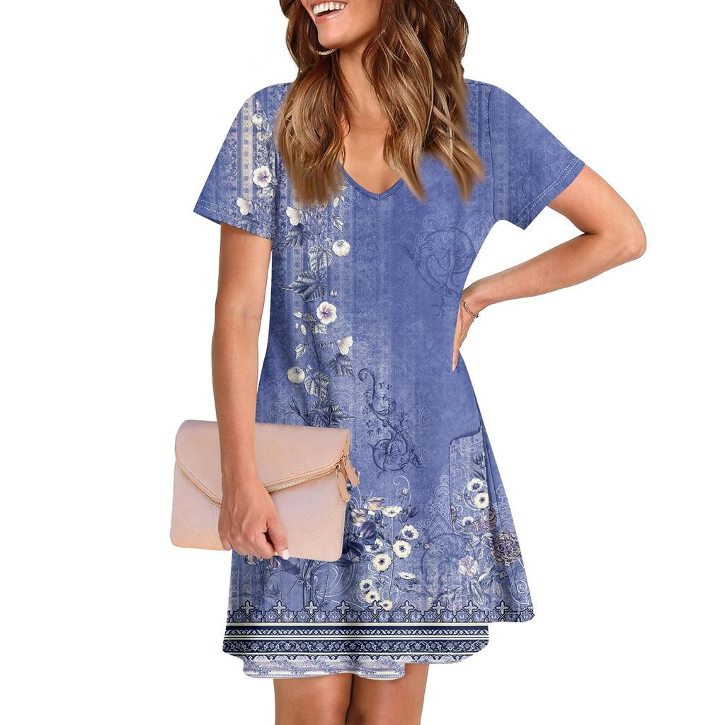 Ladies' Casual And Fashionable V-neck Short Sleeve Printing Mid Length Dress