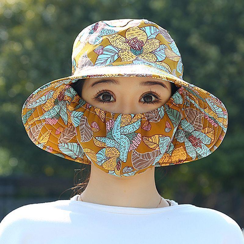 Women's Lightweight Floral Bucket Hat with Detachable Face Cover Breathable Anti-UV for Hiking Camping Vacation