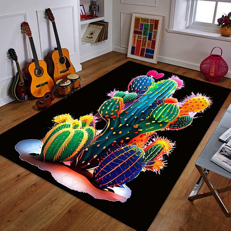 Colorful Cactus Art on Black Background Patterned carpet a non slip rug suitable for all seasons and any setting, gift