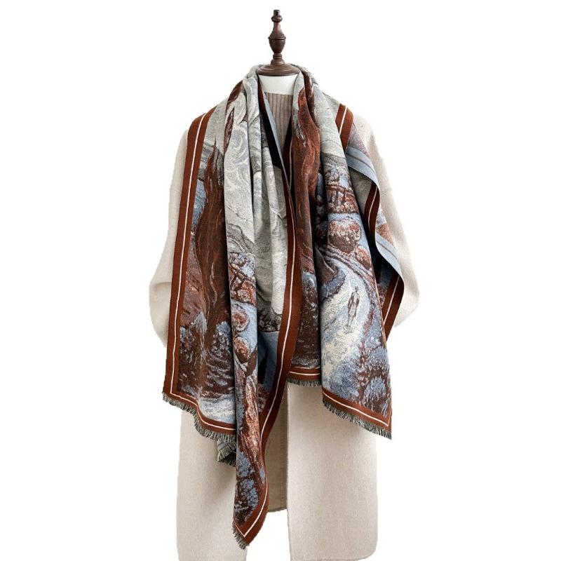 Van Gogh Oil Painting Style Imitation Cashmere Scarf Women's High-end Shawl Versatile Warm Thickened Shawl with Extended Air-conditioning Blanket