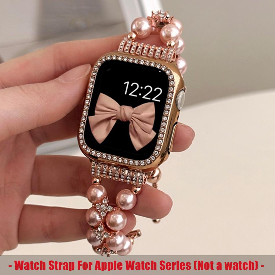 Luxury Metal Strap + Case For Apple Watch Series 9 8 7 6 5 SE 4 38/40/41/42/44/45mm Diamond Pearl Bracelet Band For iWatch UItra 2 49mm