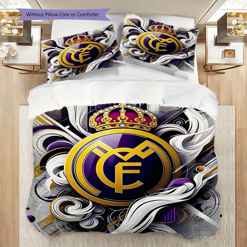 Комплект постельного белья с узором ФК Реал Мадрид Одеяло Покрывало Наволочка Домашний Декор Подарок на День Рождения (1 пододеяльник + 2 наволочки, без наполнителя)