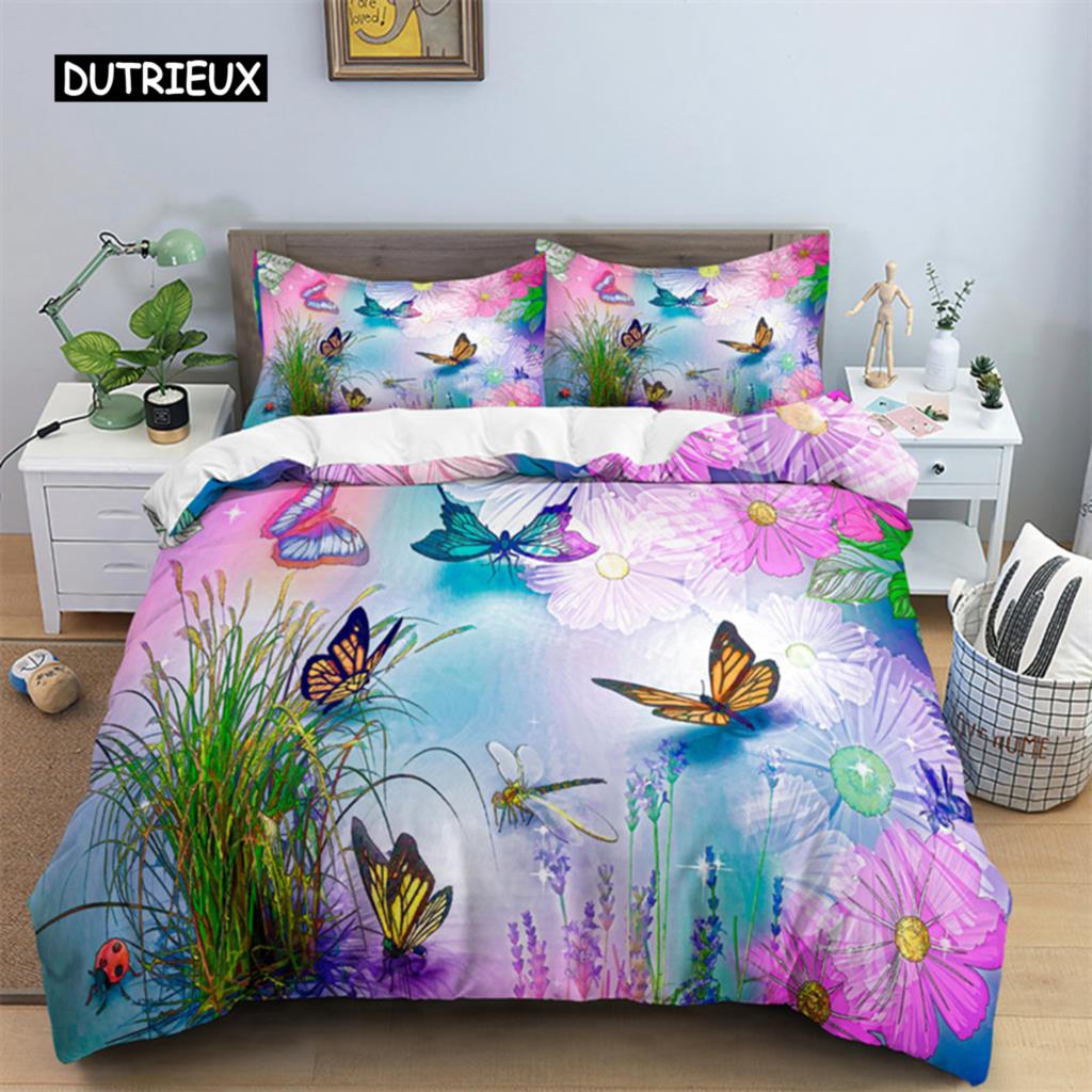 Butterfly Duvet Cover Set Microfiber Flying Golden Butterfly Printed Bedding Set Dreamy Night Butterfly Double Queen King Size