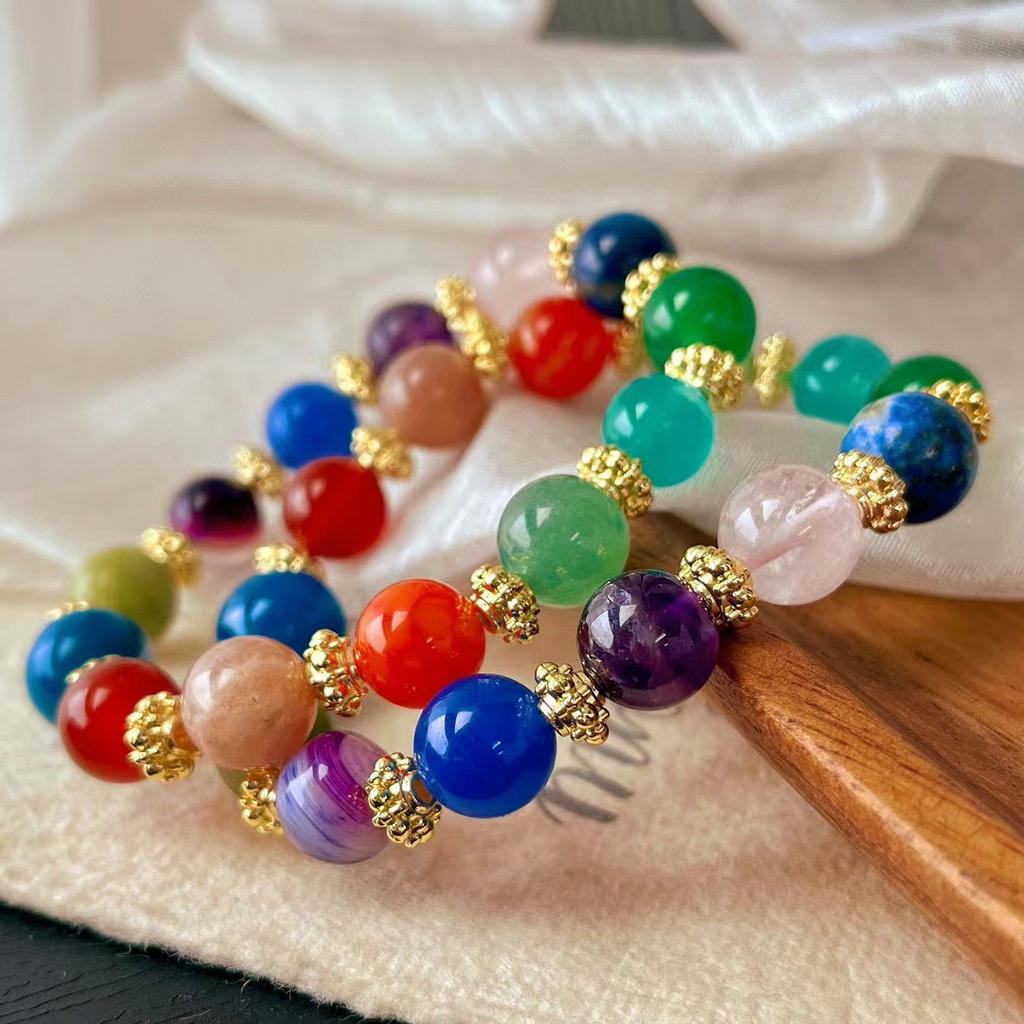 Retro Natural Crystal Duobao Bracelet Bracelet, Powder Crystal Amethyst Lapis Lazuli Chalcedony Agate Bracelet.