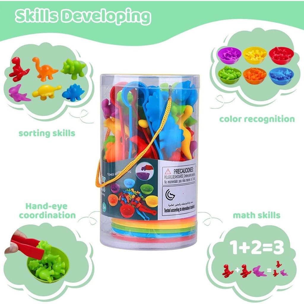 Игрушки от 3 лет, игрушки Монтессори от 3 лет, игрушка для распознавания цветов подсчета динозавров с подходящими чашками и пинцетом, цвета для развития мелкой моторики