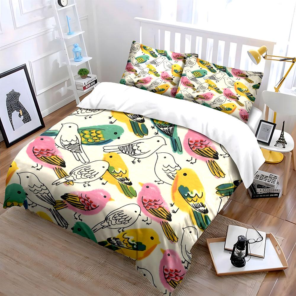 Colorful Bird Pattern Decor Set Bedding Set with 1 Duvet Cover 2 Pillowcases Single Double King Queen, Gift
