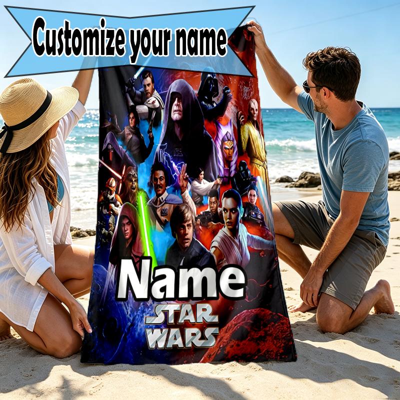 Custom Name Personalized Star Wars Print Beach Towel, for Trip Camping Beach Party Home Decor, Birthday Gift for Family & Friends