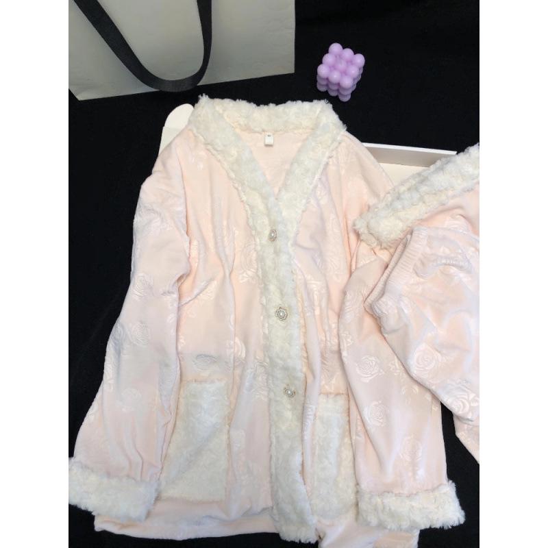 Женский пижамный комплект из розового флиса - Лонгслив и брюки, осенне-зимний стиль