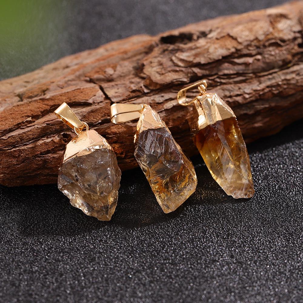 Natural Citrine Crystal Chip Electroplated Raw Stone Pendant Necklace