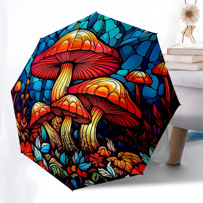 Stained Mushroom Garden Automatic Opening Folding Umbrella - Portable 3-Fold Design with Iron Frame, Perfect for Outdoor Use, Festive Gifts,