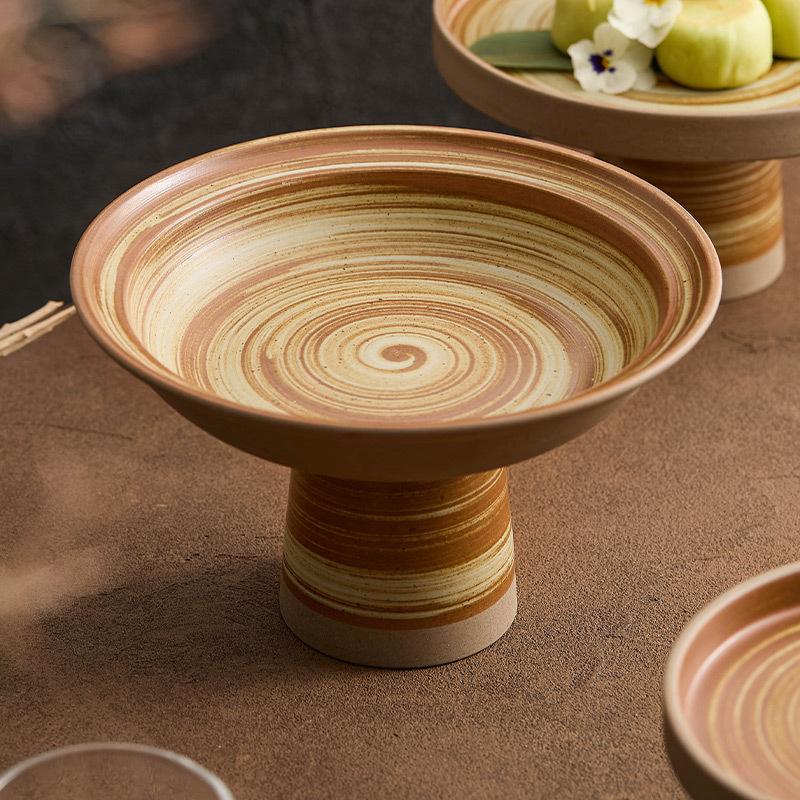 BRCoarse Pottery Fruit Platter Restaurant Dessert Snack Platter Molecular Cuisine Tableware Retro High Footed Salad Sashimi PlateEY