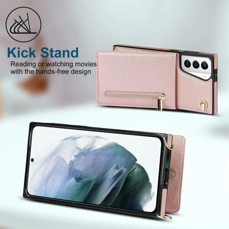 Zipper Wallet Case for Samsung Galaxy S26 S25 FE S21 S22 S24 S25 Plus S26 Ultra Card Holder Lanyard Crossbody Leather Cover