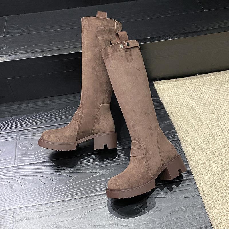 New Fashion Women Thick Soled Boots Suede Less Than Knee Length Thin Chivalrous Boots Versatile Thick Heeled High Knights Boots