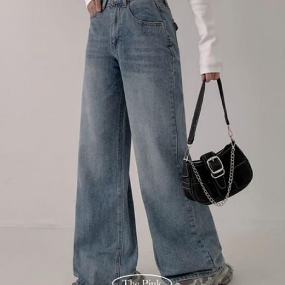 The Pink High Waist Washing Wide Denim Pants
