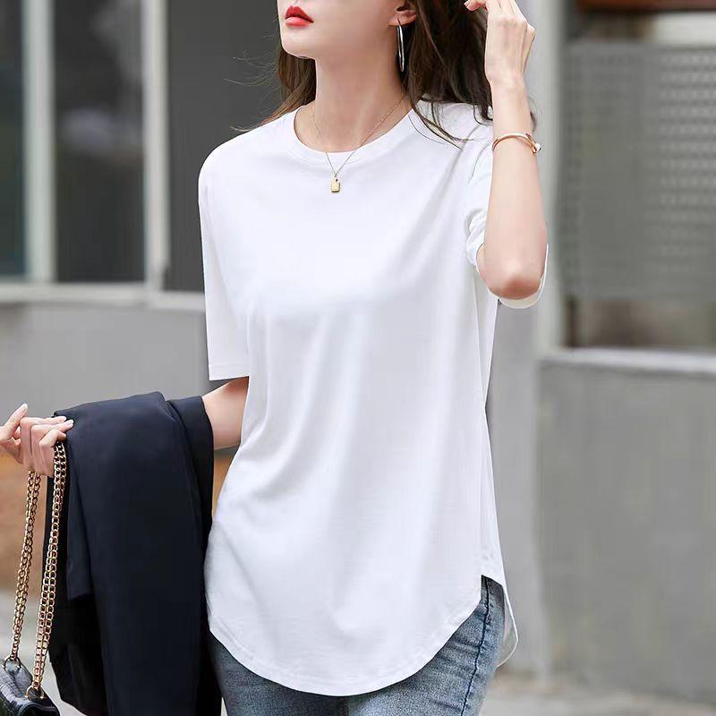 T-shirt Loose Top Black Cotton Round Neck Short Sleeve Women's Summer Curved Hem Split Fork Medium and Long Butt Cover