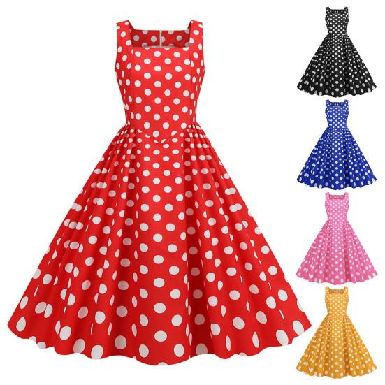 Женское платье трапециевидной формы в стиле ретро с большими качелями, облегающее, с высокой талией, без рукавов, с квадратным вырезом и точечным принтом
