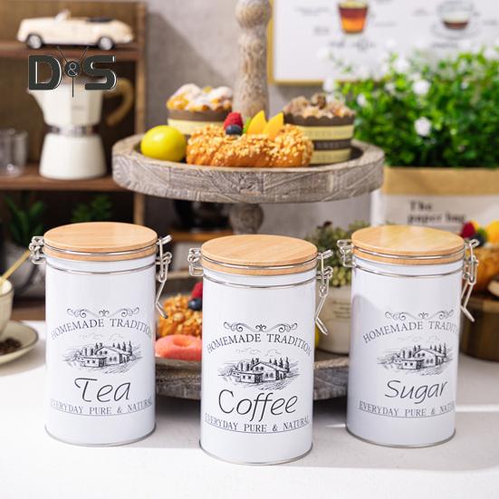 3Pcs Coffee Sugar Canisters Set Large Capacity Easy To Clean Multipurpose Metal Tea Coffee Sugar Jars with Airtight Sealed Bamboo Lid