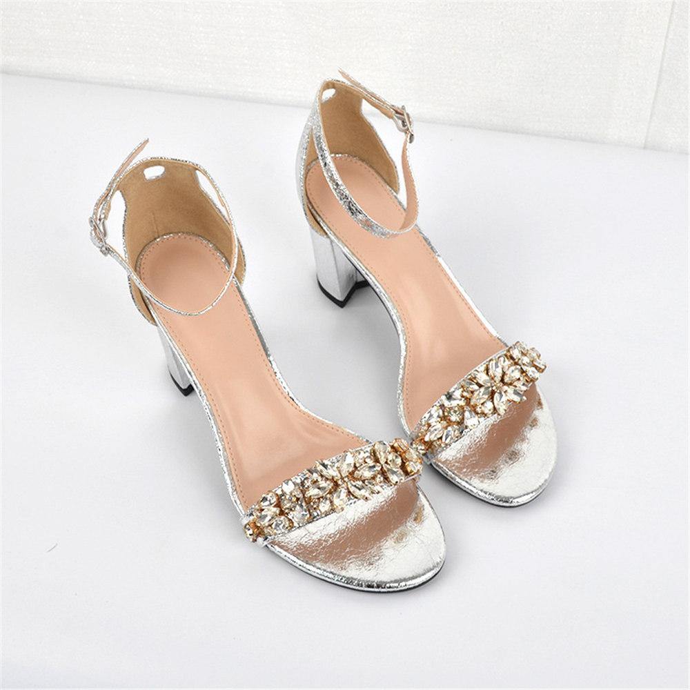 Rhinestones Black Silver Gold Elegant Women 'S Summer Sandals Big Size High Square Heels Classic Office Lady Party Shoes