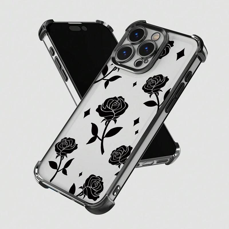 Новый Прозрачный Чехол-Бампер с Покрытием Черной Розой Anti-Knock для iPhone 15 16 Pro Max 17 Air 11 12 13 14 Plus 15promax