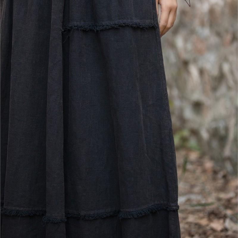 Johnature Women Vintage A-Line Skirts Cotton Linen Solid Color Elastic Waist Skirts Autumn Patchwork Casual Skirts