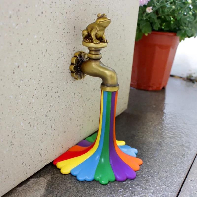 Frog Statue for Garden Rainbow Faucet Outdoor Statue Patio Courtyard Decorations Household Decor Bookends Ornament