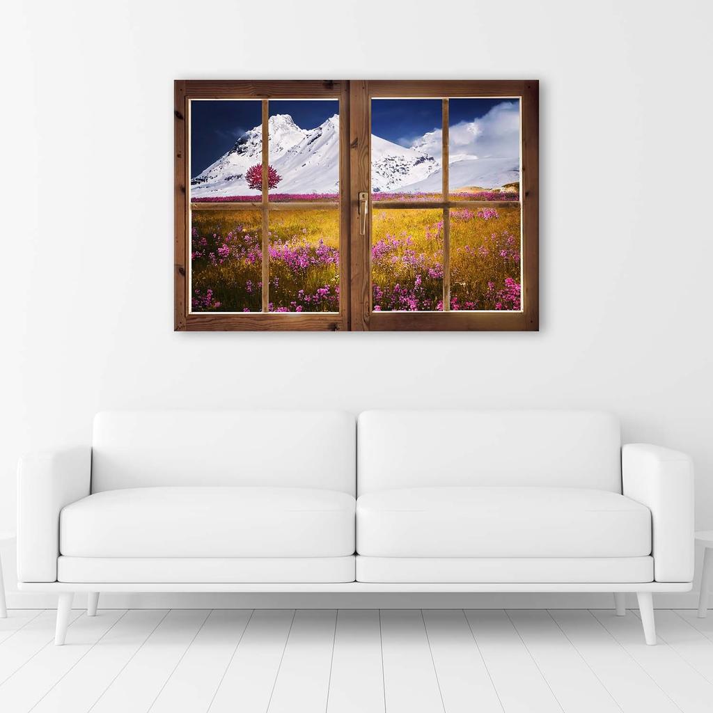 Canvas print, Window - view of snow-covered mountains