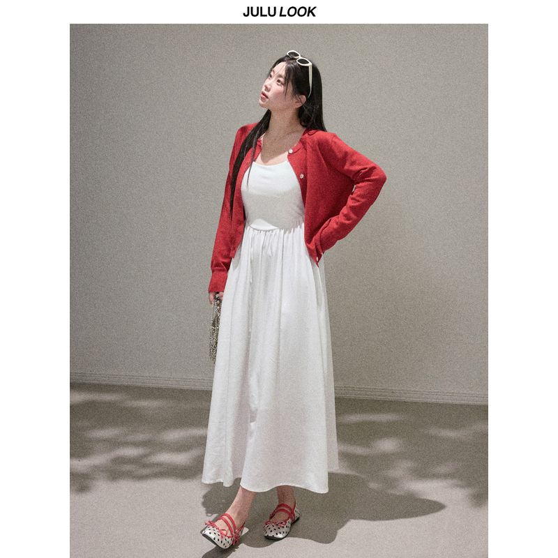Julu Studio "Lianlian Berry" Gentle French-Style White Camisole Dress/Cardigan Plus-Size Set for Slightly Plump Women
